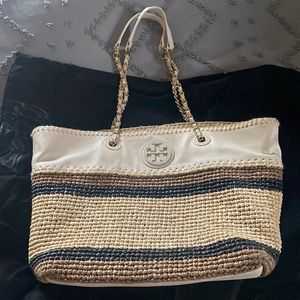 Ivory, brown, and black leather and woven Tory Burch handbag